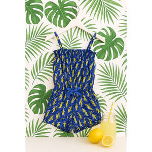 Juicy Couture Girls 12 Romper Cobalt Glow Tropical Print Smocked Bodice NWT